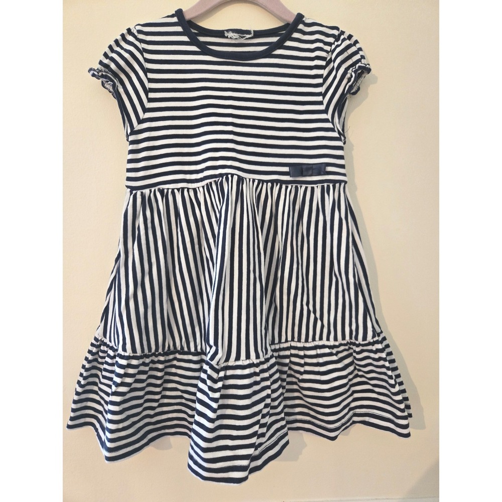 Topolino Girls Navy White Striped‎ Tiered Ruffle Dress Organic Cotton Size 110